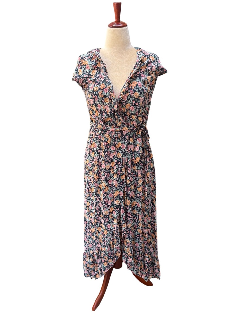 Women’s Tall Floral V-Neck Midi Wrap Maxi Dress Navy Blue Pink Peach Flowers